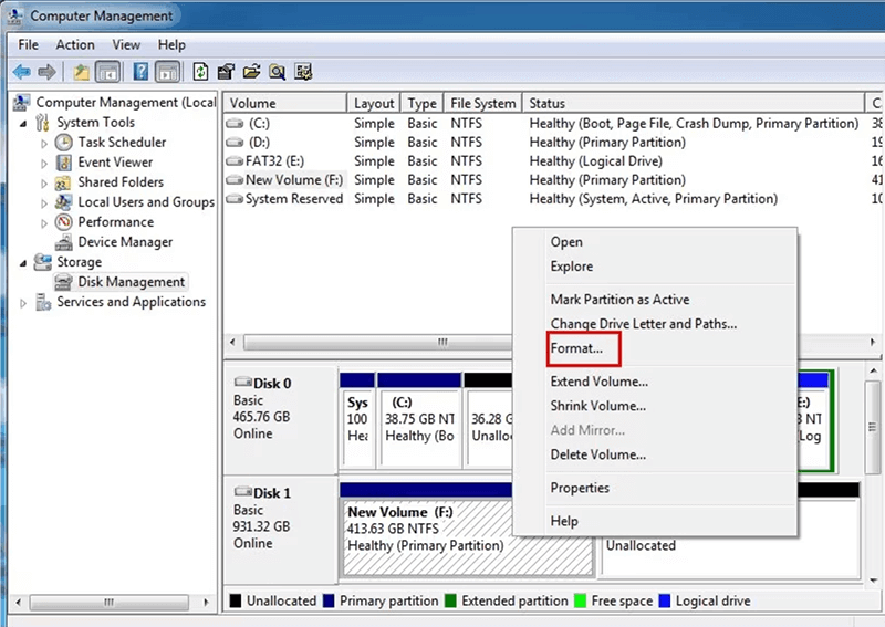Select Format and choose the appropriate file system