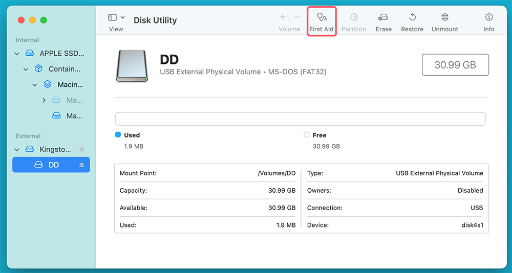 Click First Aid and follow the prompts