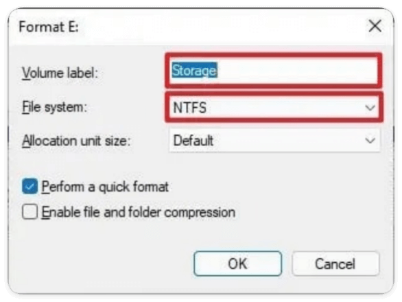 Enable 'Perform a quick format' then click OK