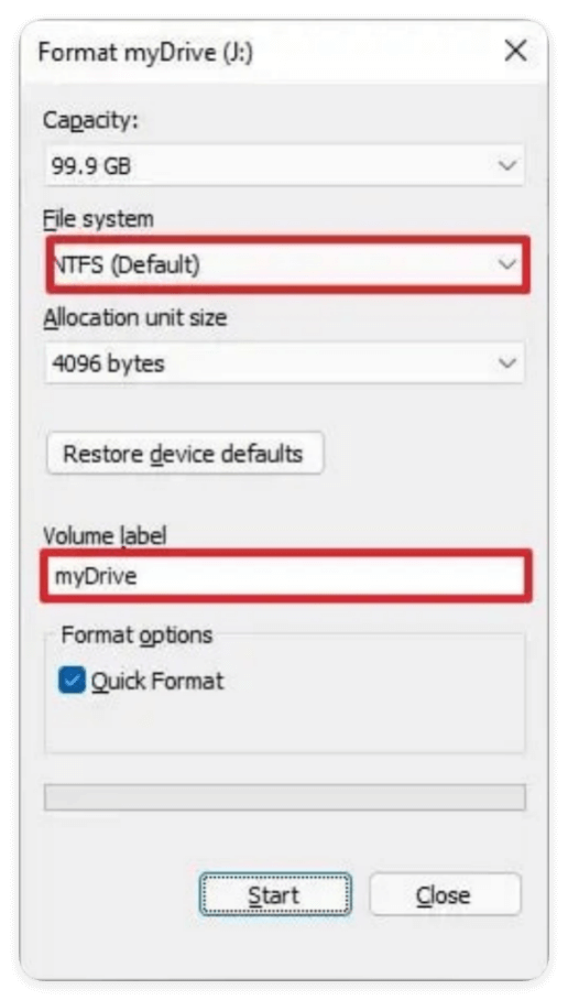 Click Start > OK to confirm and begin formatting