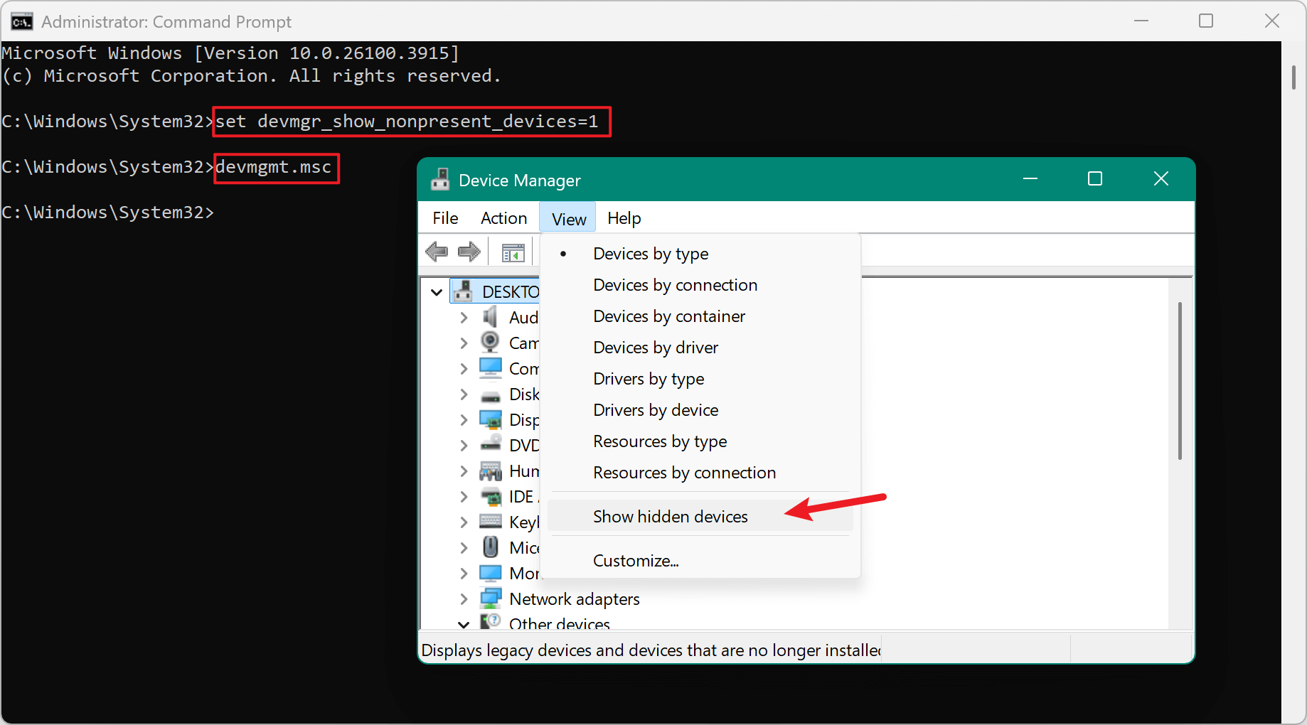 click View > Show hidden devices
