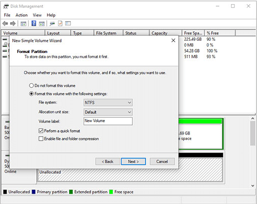 Comply the wizard to format the disk (NTFS is default) and assign a drive letter