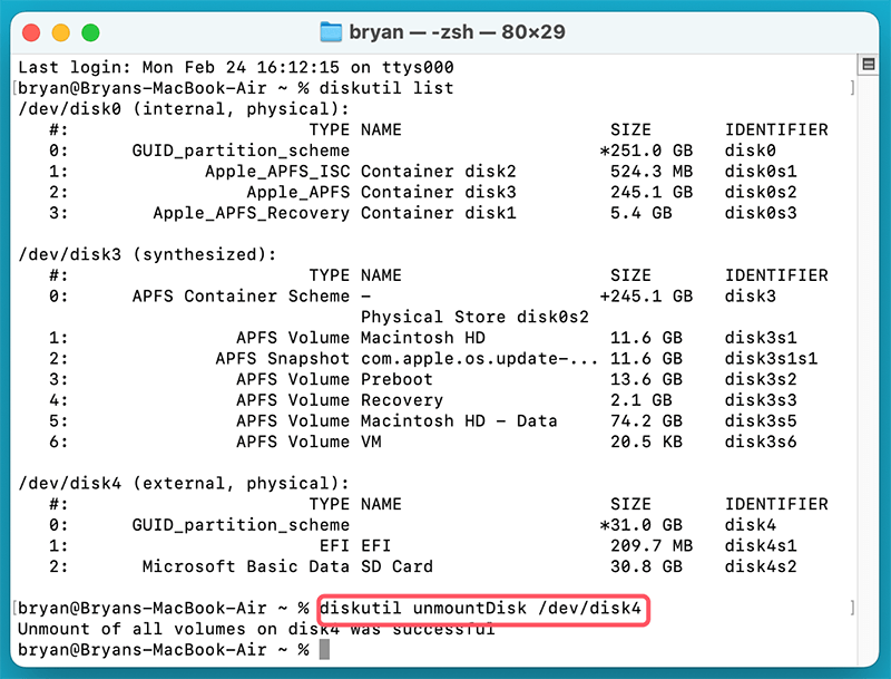 Type diskutil unmountDisk