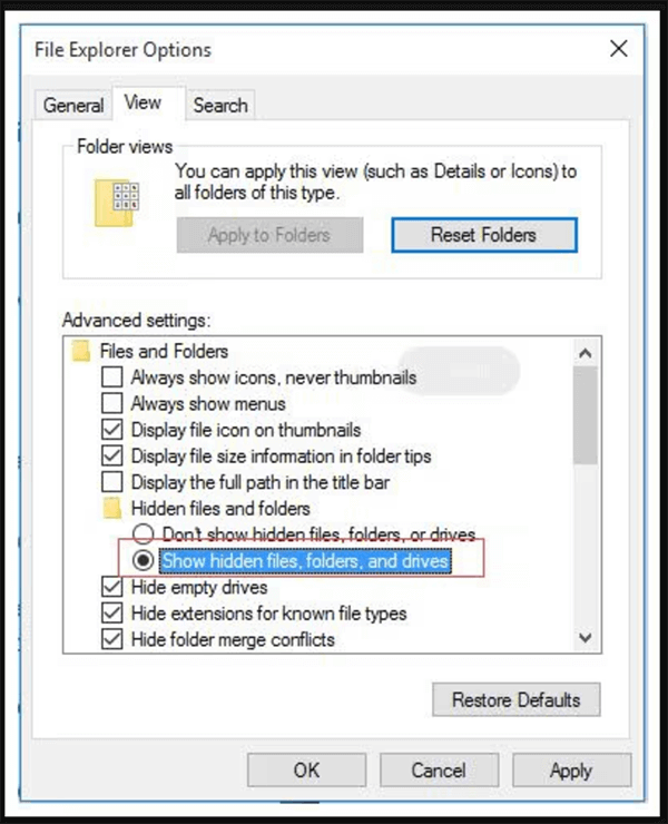 Select Show hidden files, folders, and drives