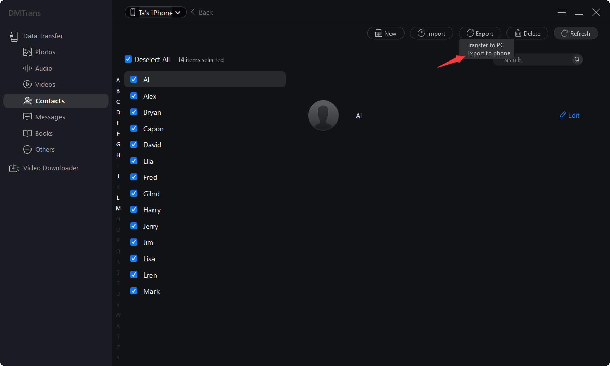 Choose contacts to transfer