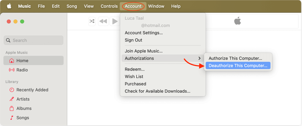Deauthorize the Mac from Apple Music
