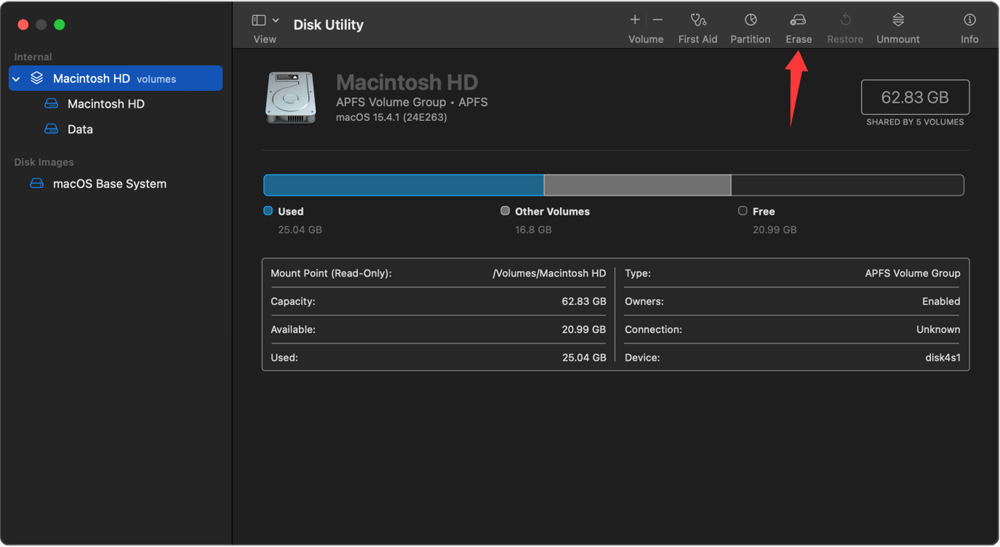 Select the internal drive and Click Erase at the top