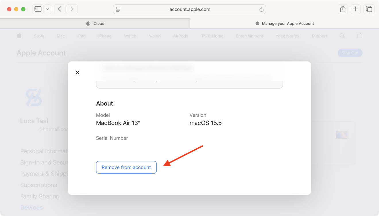 select the Mac and click Remove from Account