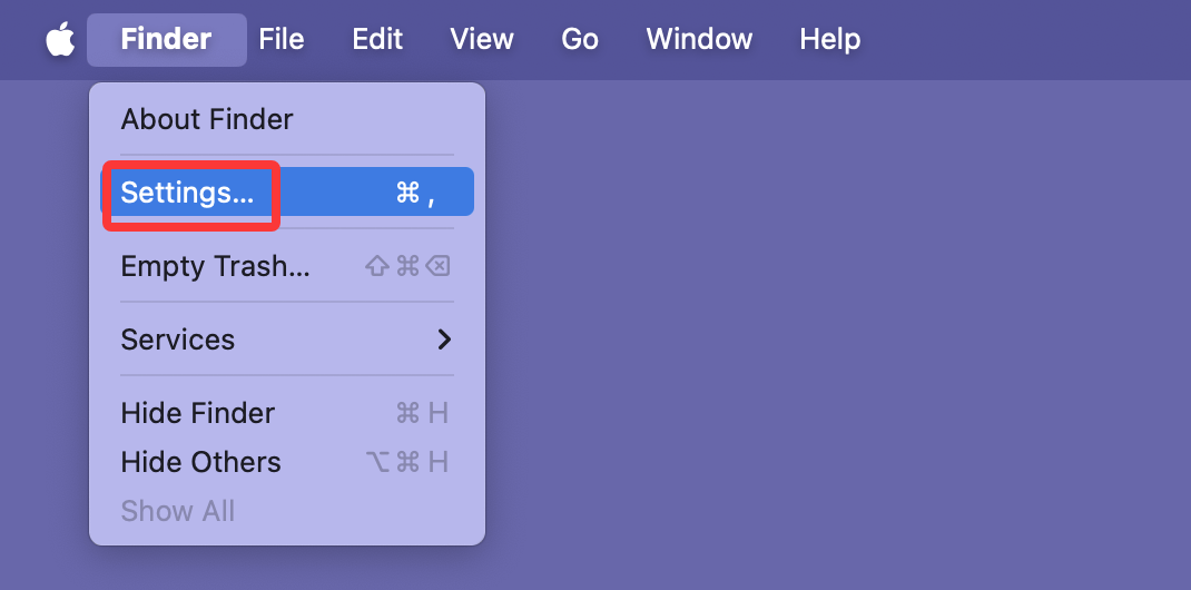 Click Finder on Apple menu and choose Settings