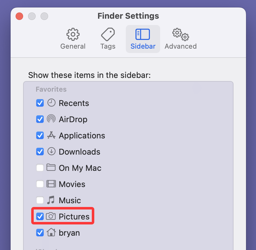 click Sidebar and ensure Pictures is selectd