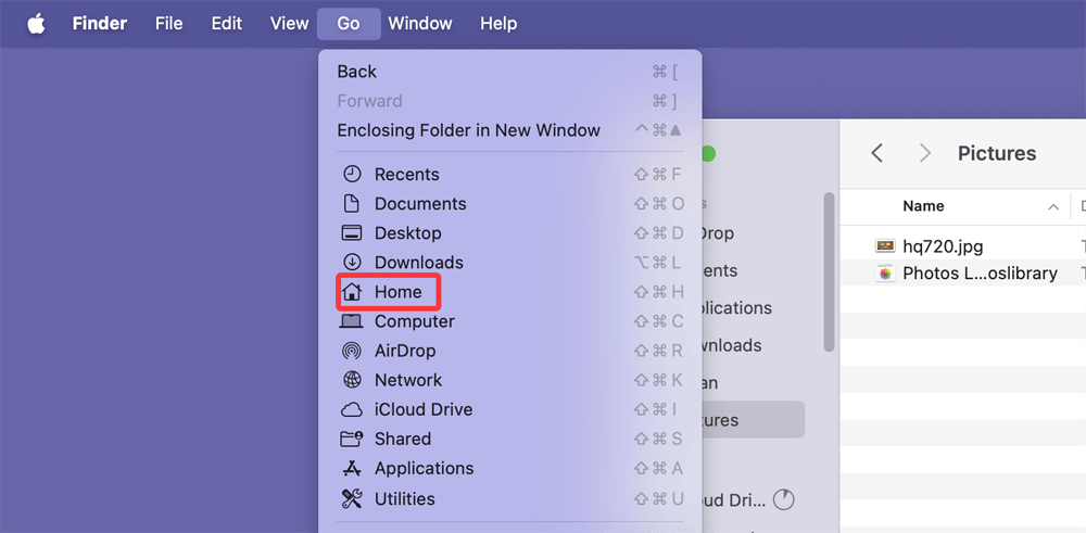 Using the Go Menu To Access The Pictures Folder