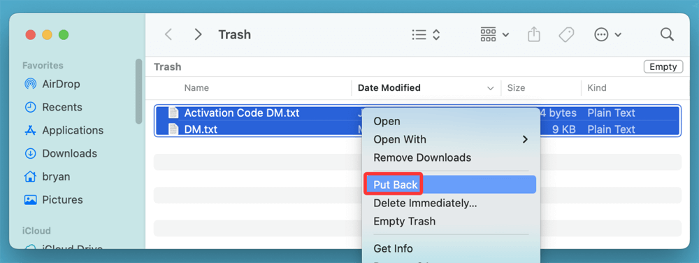 Right-click the file and choose Put Back