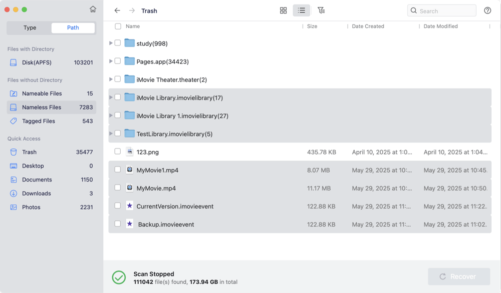 Select the files and click Recover