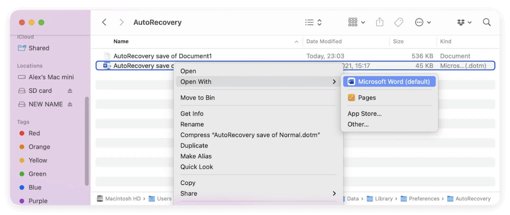 Word AutoRecovery on Mac