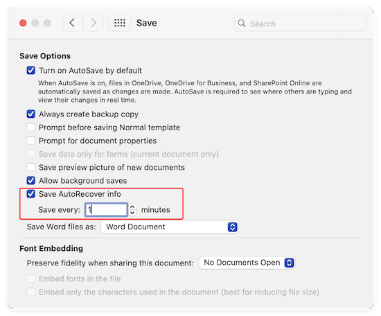Word AutoRecovery on Mac