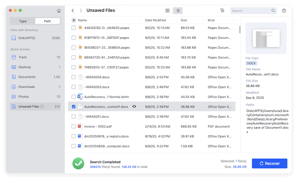 Word AutoRecovery on Mac