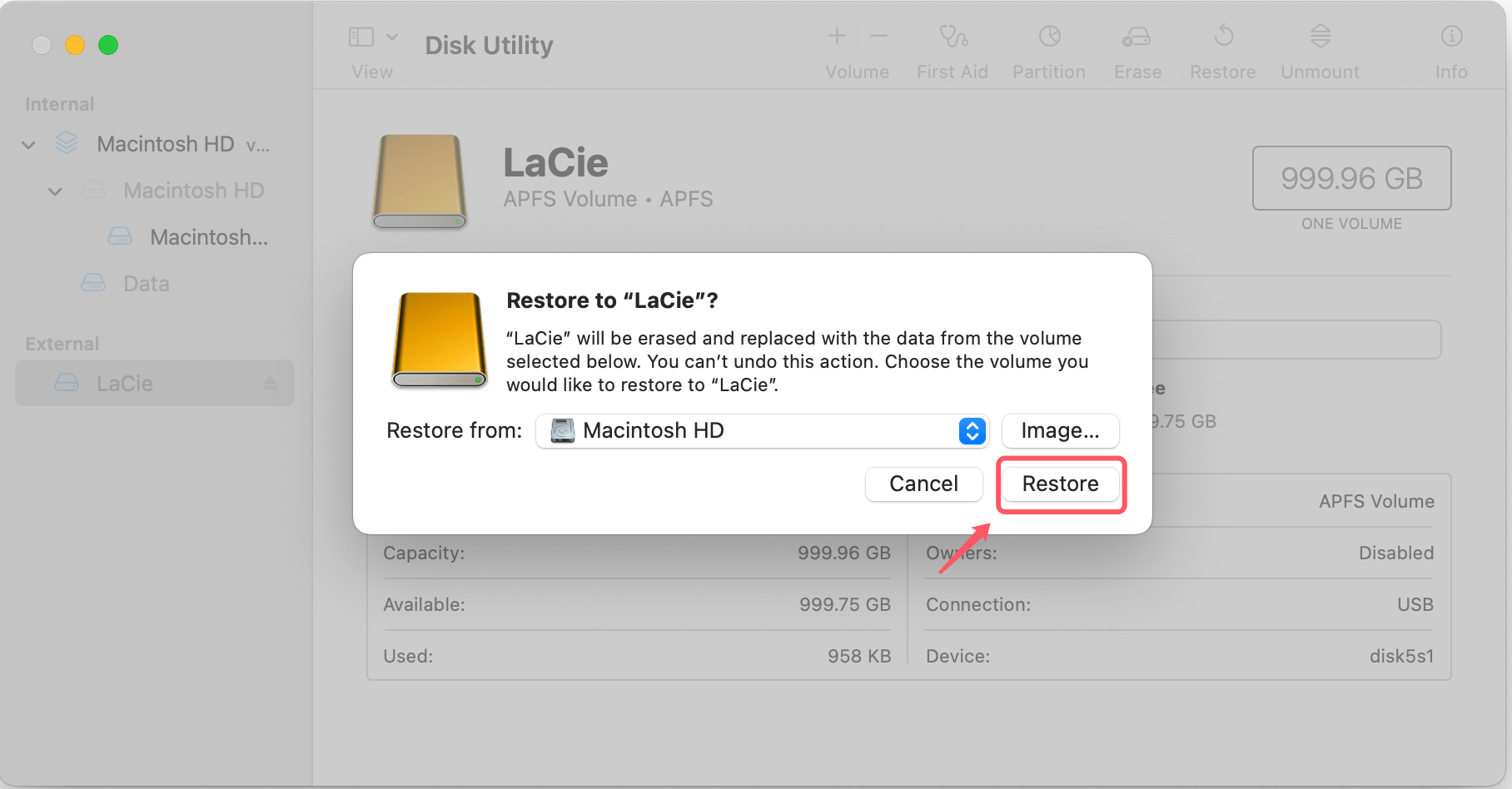 Choose Restore from Macintosh HD