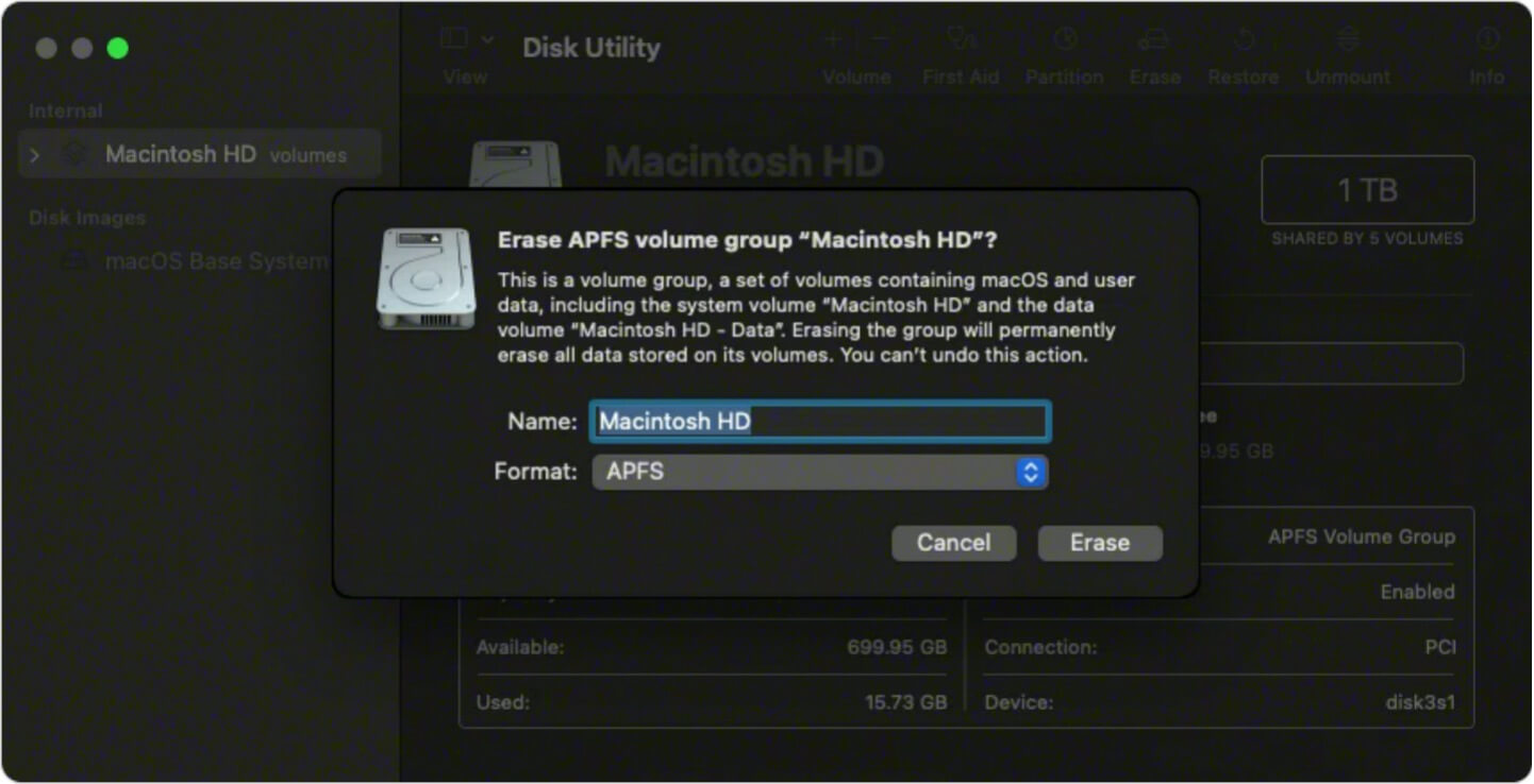 Select Erase in macOS Recovery Mode