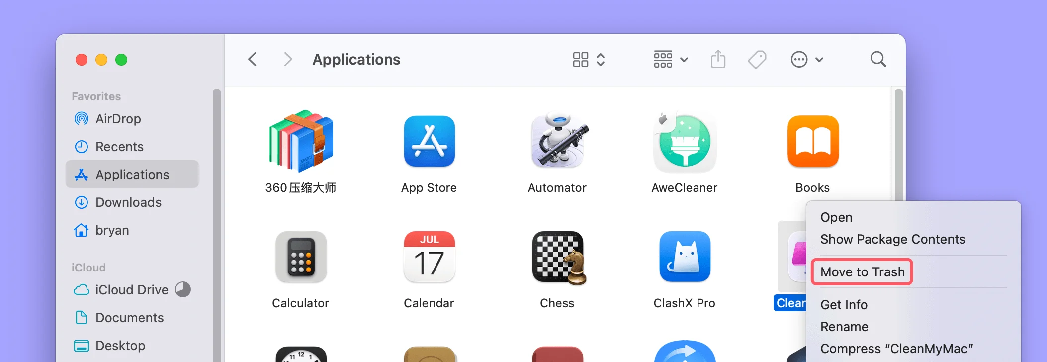uninstall CleanMyMac in Finder