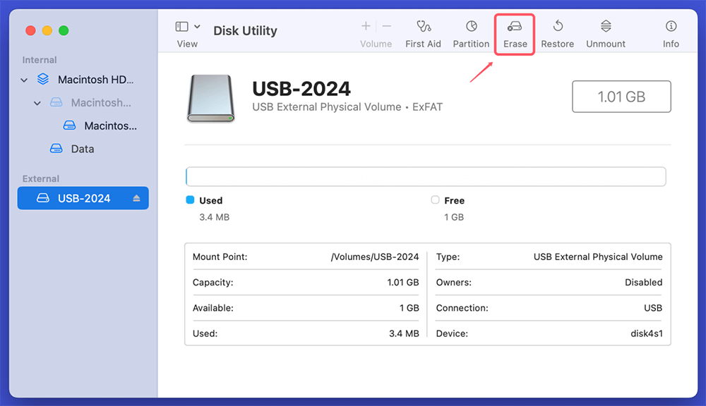 Select the USB flash drive and click Erase