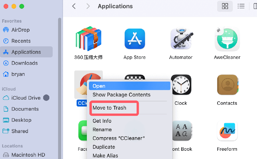 Drag the application to the Trash