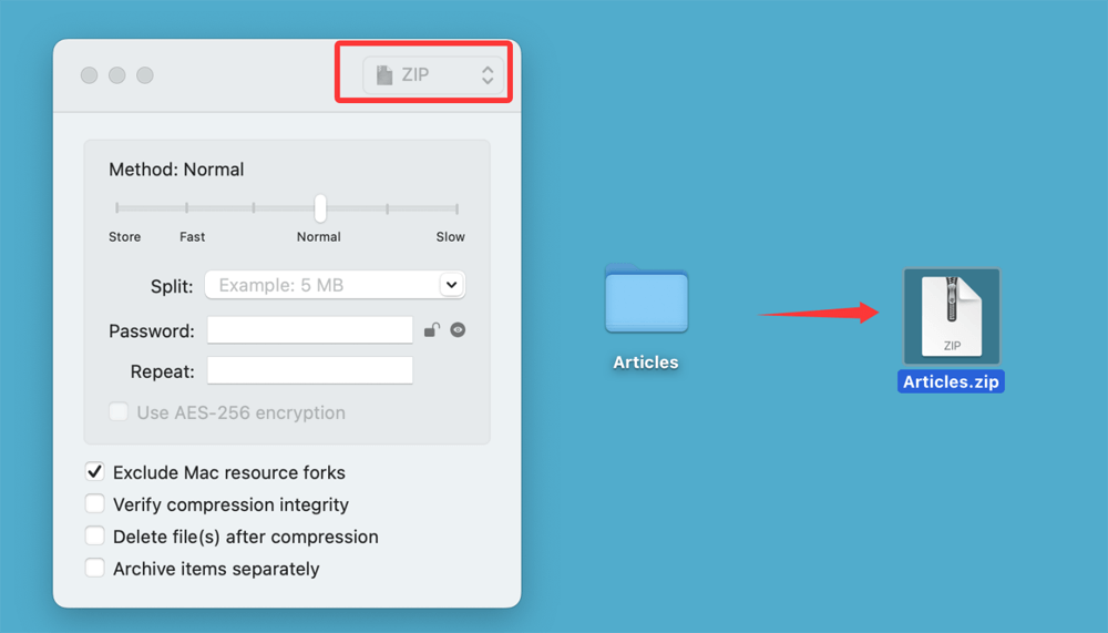 Compress to ZIP with Keka