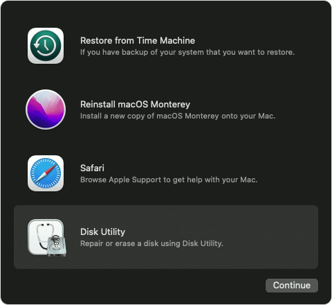 choose Disk Utility and click on Continue button
