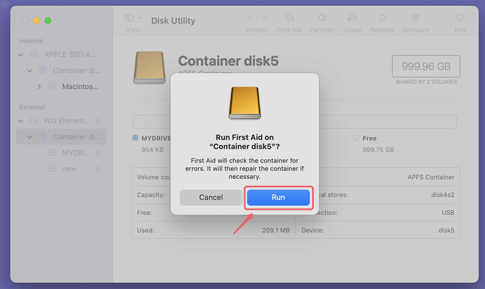 check the container and attempt to repair any corruption