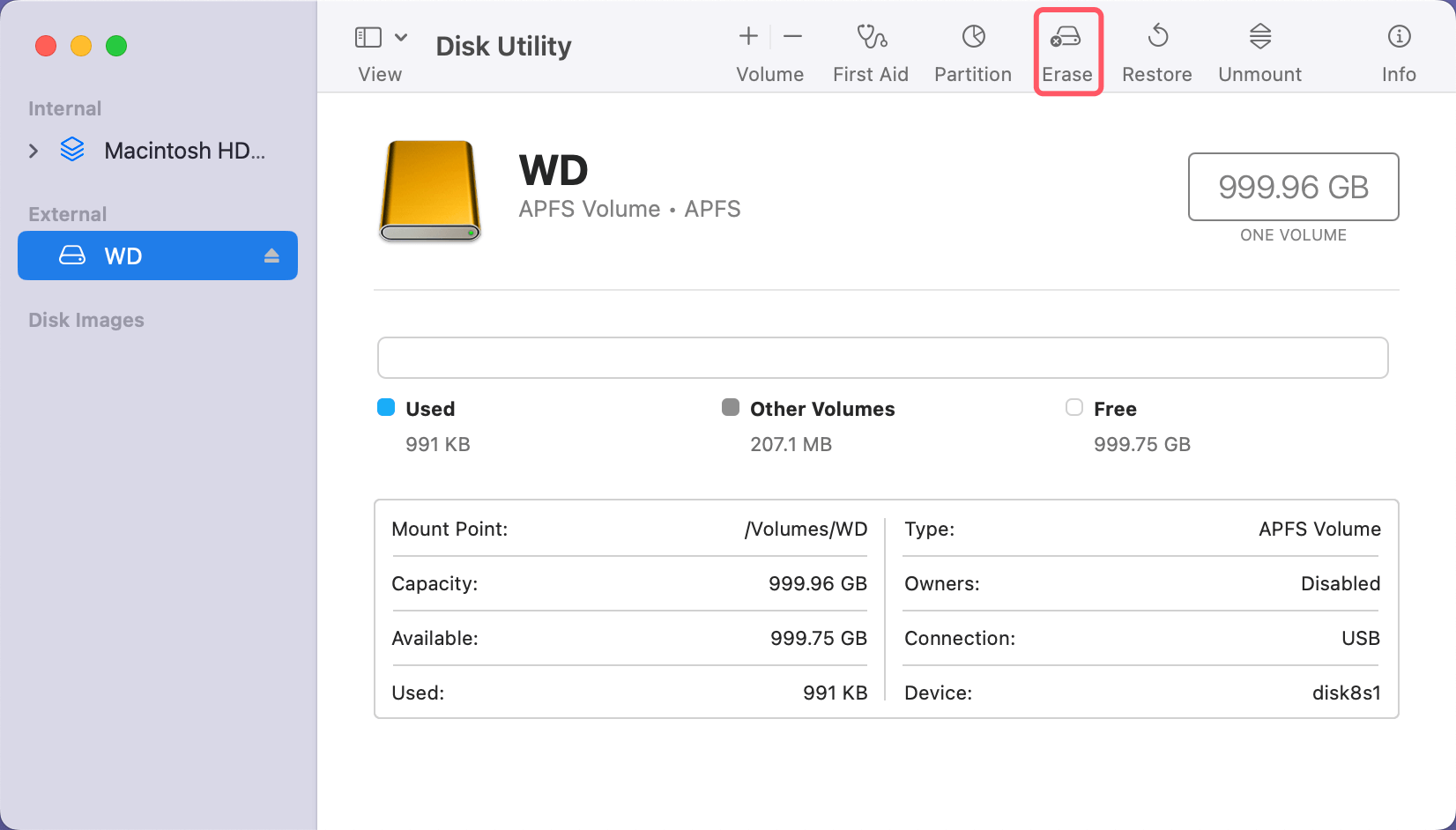 Disconnect and Reconnect External Drives and click Erase