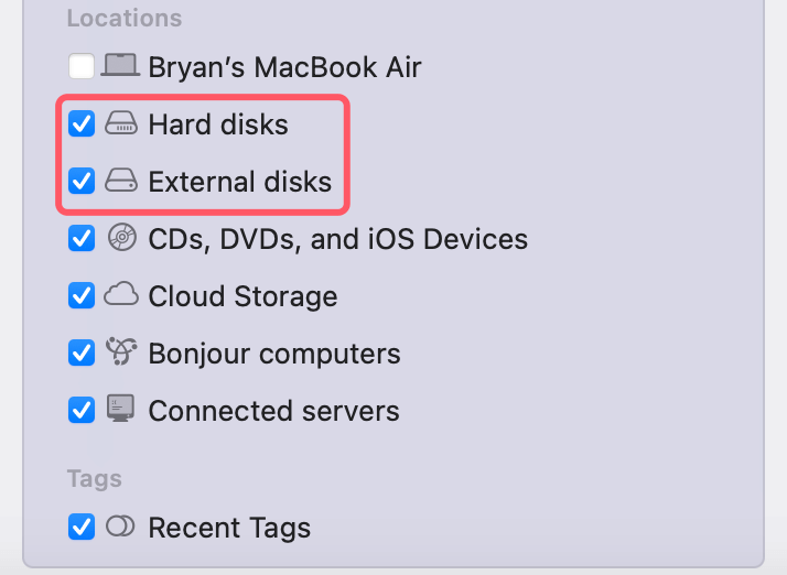 ensure Hard disks and External disks are selected