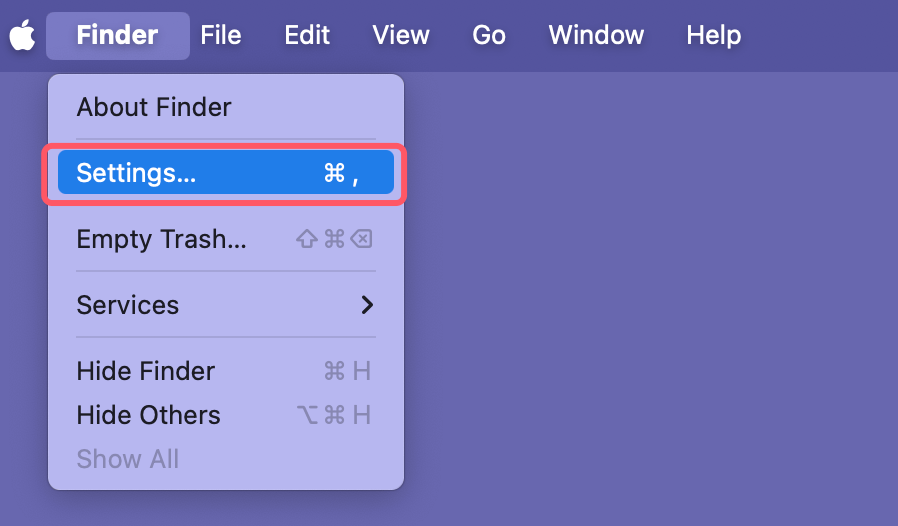 Click Finder on Apple menu and choose Settings
