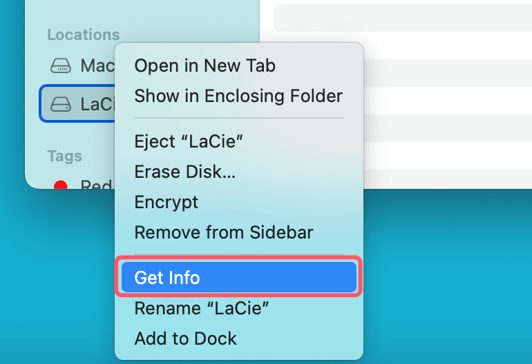 Right-click on the drive and select Get Info