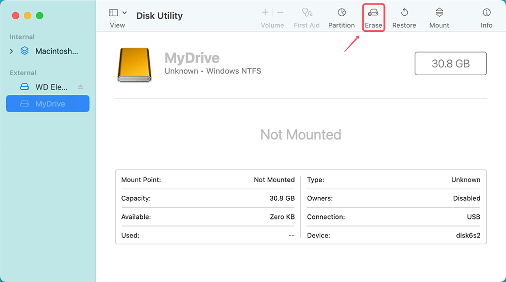 Click Erase in the top toolbar