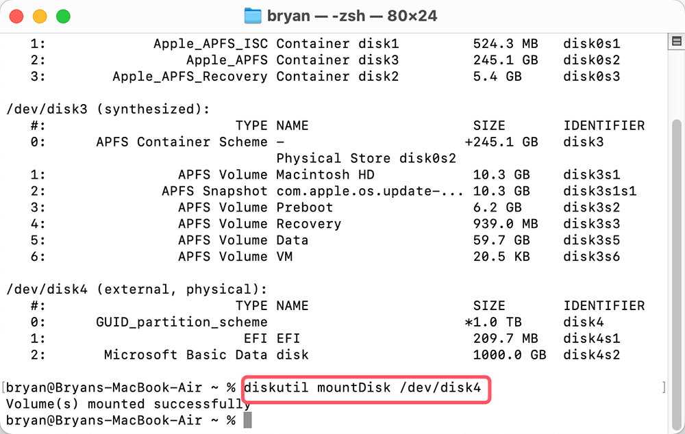 run the command diskutil mountDisk /dev/identifier