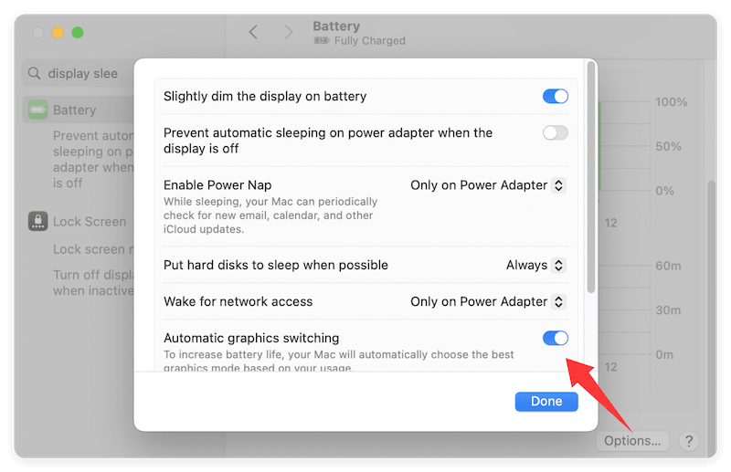 fix MacBook screen flickering - change battery settings
