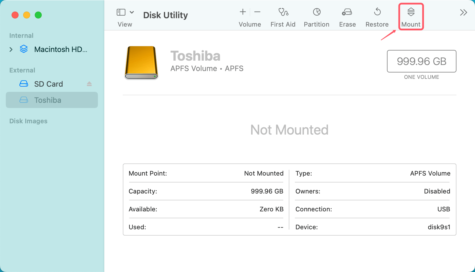 Open Disk Utility and Select Mount