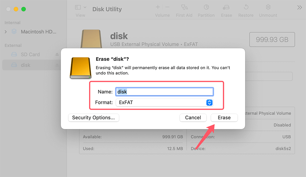 Name the external hard drive and pick the Format