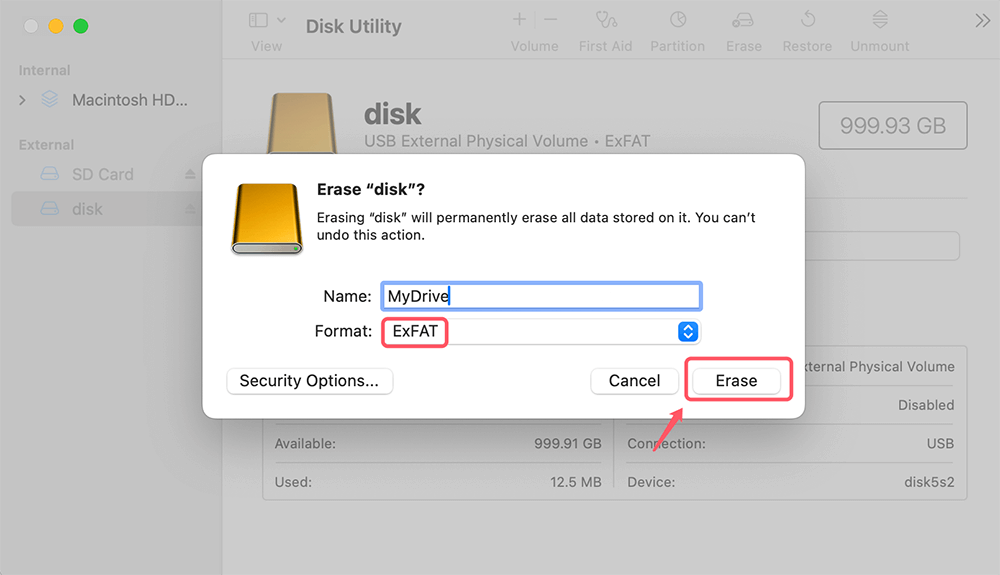 Select ExFAT as the file system and click Erase again