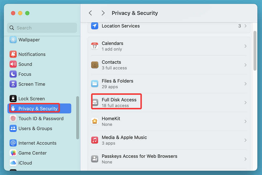 Go to System Settings > Privacy & Security > Full Disk Access