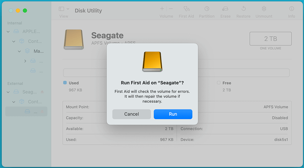 Repair the Seagate Ultra Compact SSD Using First Aid in Disk Utility