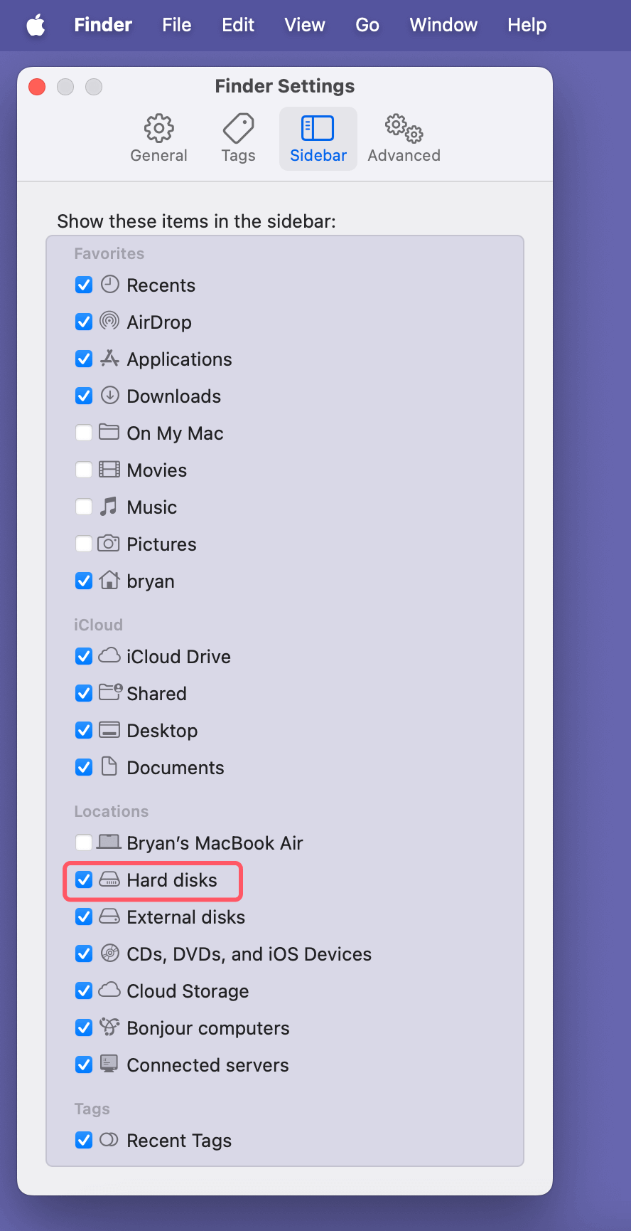 click Sidebar and uncheck Hard Disks