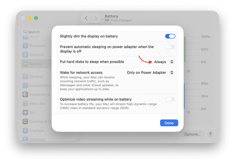 Set shorter sleep times under Battery > Options