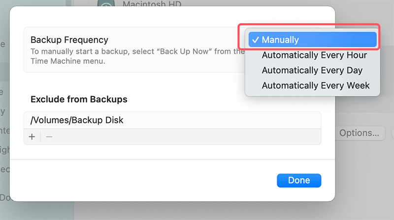 choosing Manually to back up your Mac