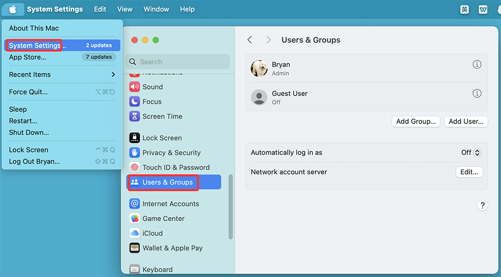 Go to System Settings > Users & Groups