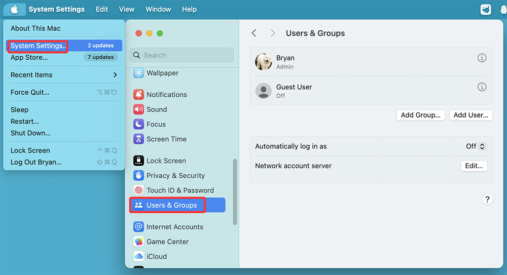 Go to System Settings > Users & Groups