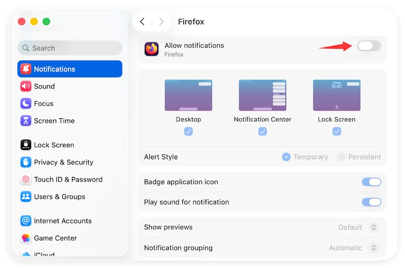 turn off notifications on Mac