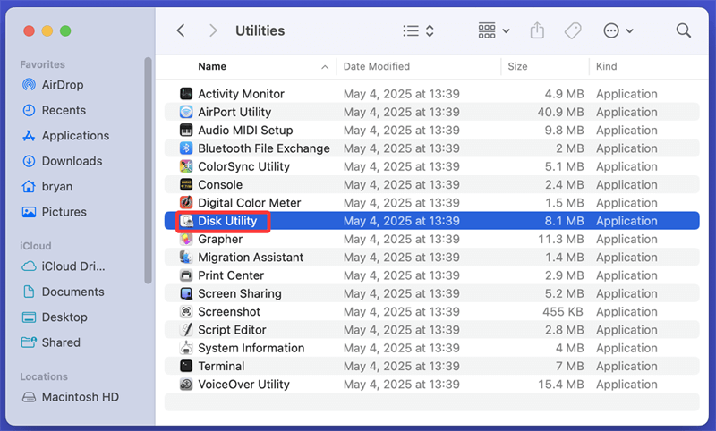 Open Disk Utility from Utilities via Applications
