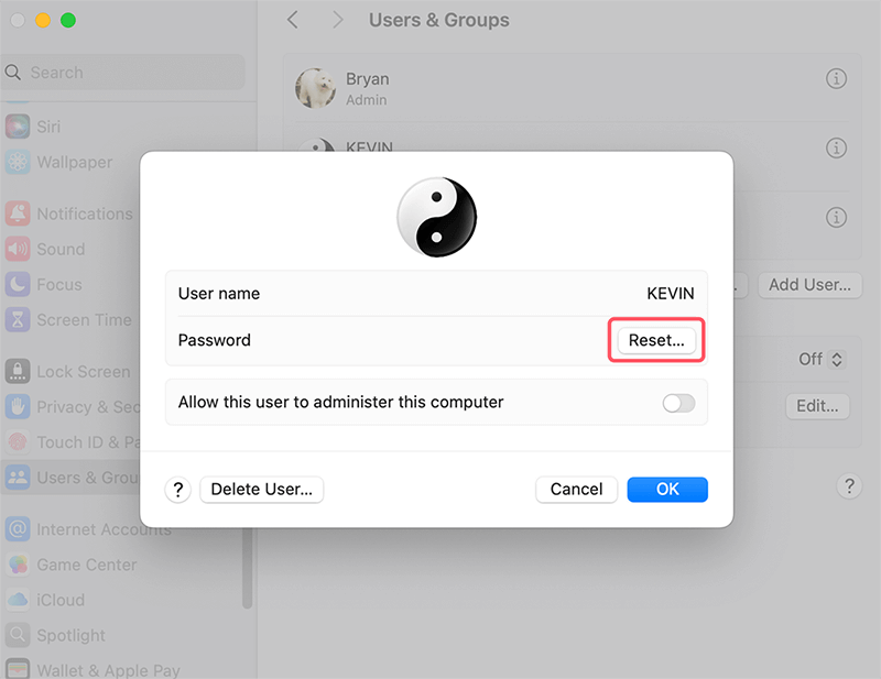 click Reset to reset the password