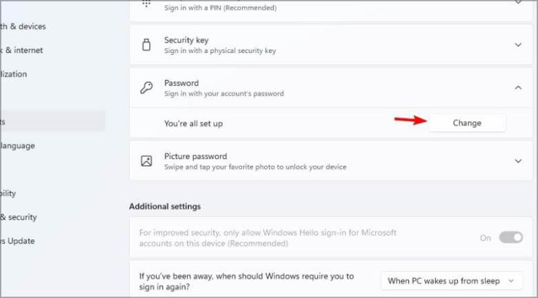 Change account password settings