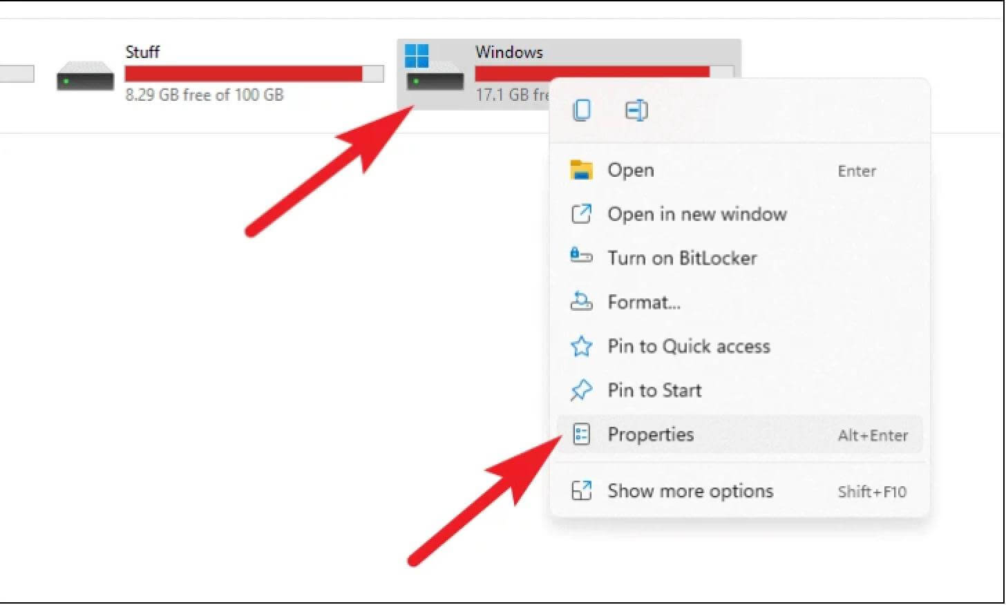 Open Properties of hard drive